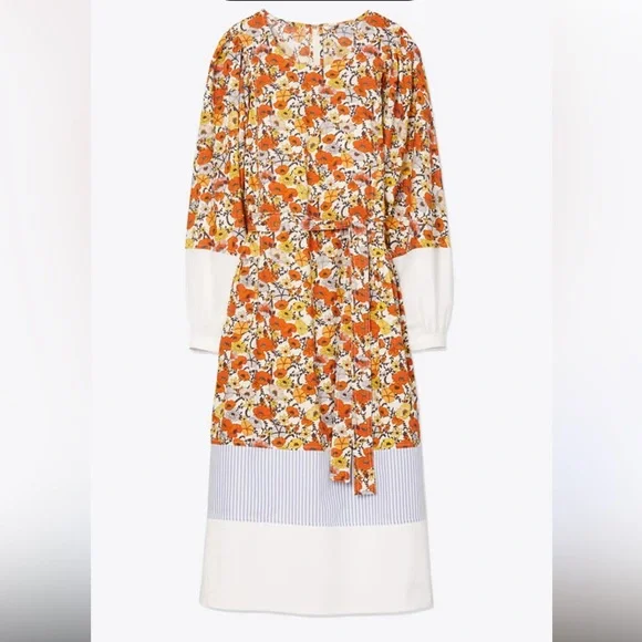Tory Burch Orange and White Floral Long Sleeve Dress - Picture 2 of 7